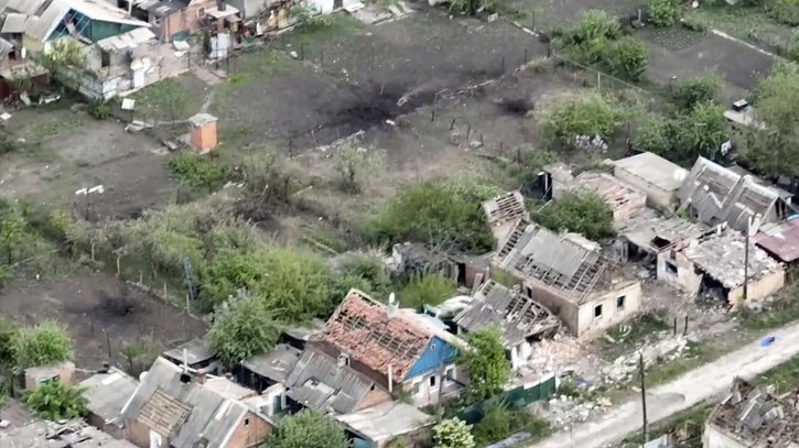 Drone footage shows Ukrainian village battered to ruins